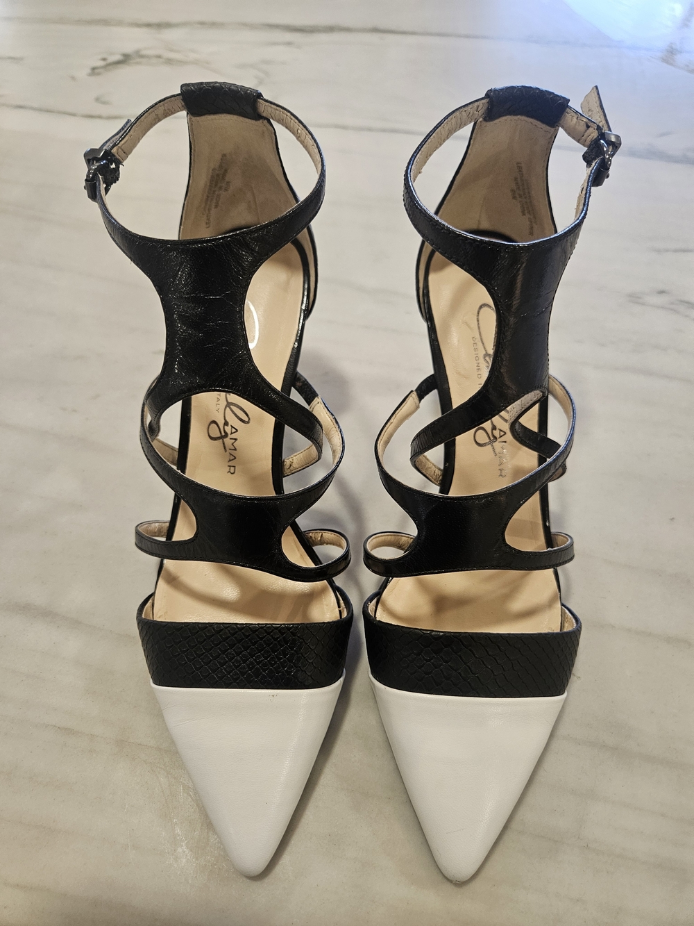 Charly Amar Black and White Leather D'Orsay Strappy Pumps Size 9.5